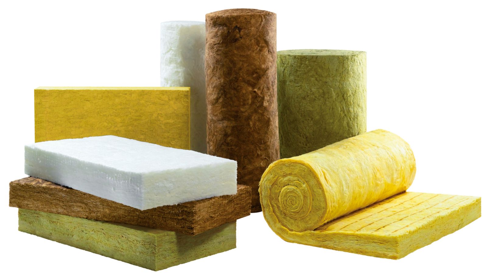 Rollos y paneles de lana mineral de varios colores y densidades, amarillos, pardos, verdosos y blancos